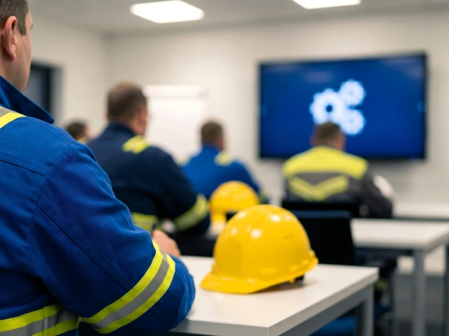 Professional worker in a blue reflective uniform attends a vital industrial training session, with a bright yellow hard hat resting on a desk.